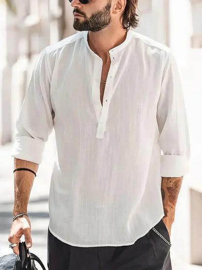 Momount Camisa Henley em Linho de Homem – Manga Comprida com Gola em Pé de Verão