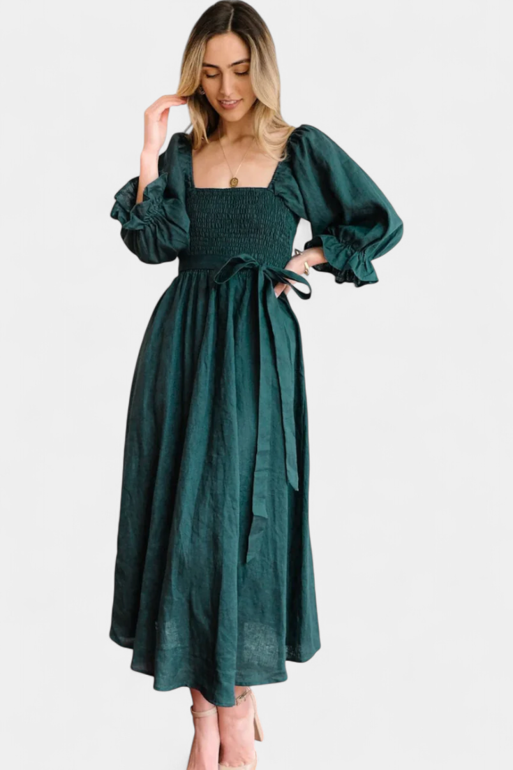 Momount Vestido Midi de Verão Mulher – Trapézio com Recortes Mangas Bufantes Fluido para a Praia