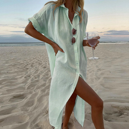 Esmeralda | Vestido Maxi de Praia em Linho com Botões | Verão Momount
