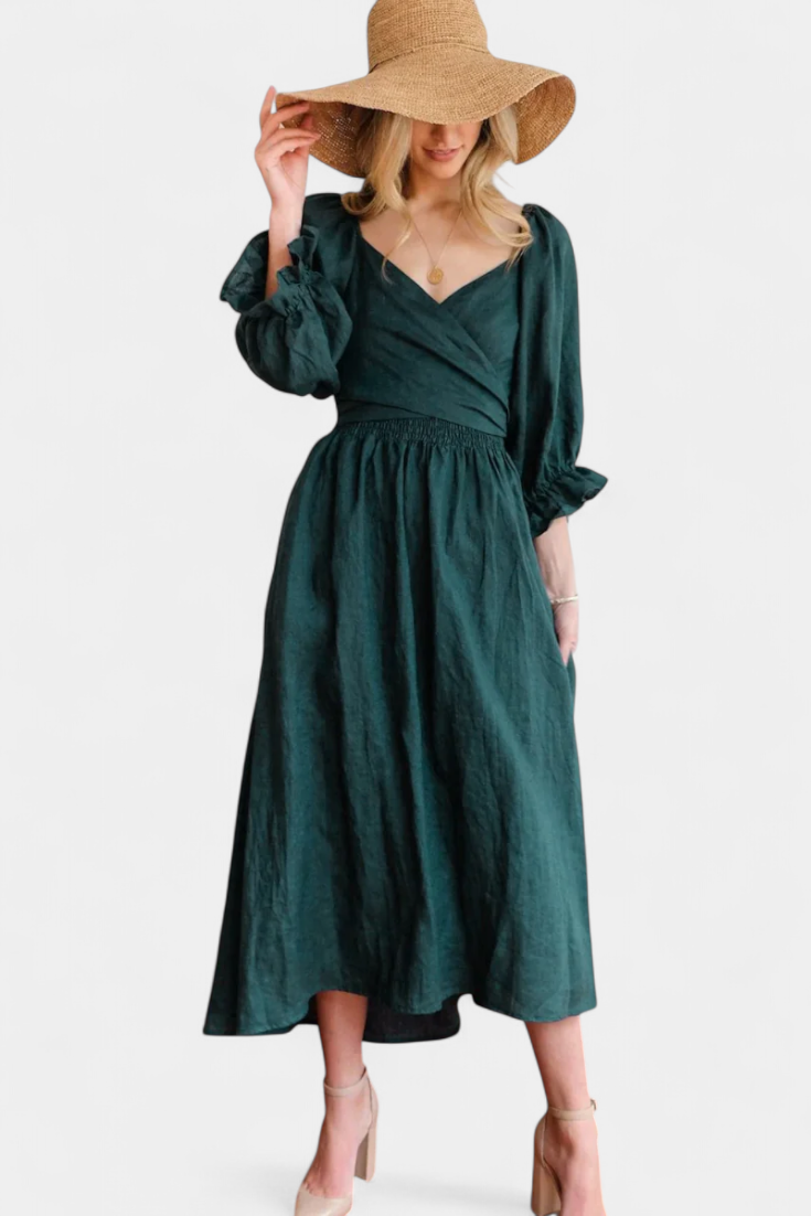 Momount Vestido Midi de Verão Mulher – Trapézio com Recortes Mangas Bufantes Fluido para a Praia