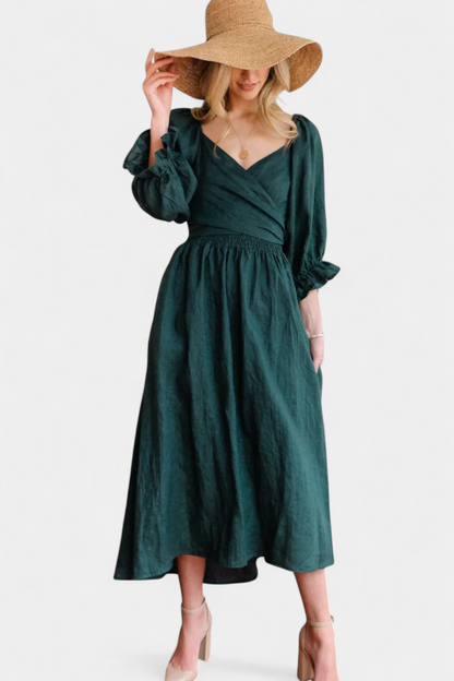 Momount Vestido Midi de Verão Mulher – Trapézio com Recortes Mangas Bufantes Fluido para a Praia