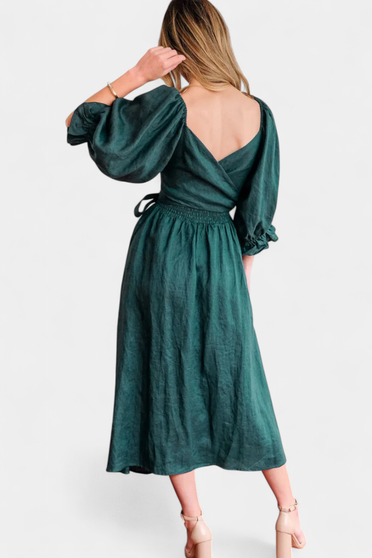 Momount Vestido Midi de Verão Mulher – Trapézio com Recortes Mangas Bufantes Fluido para a Praia