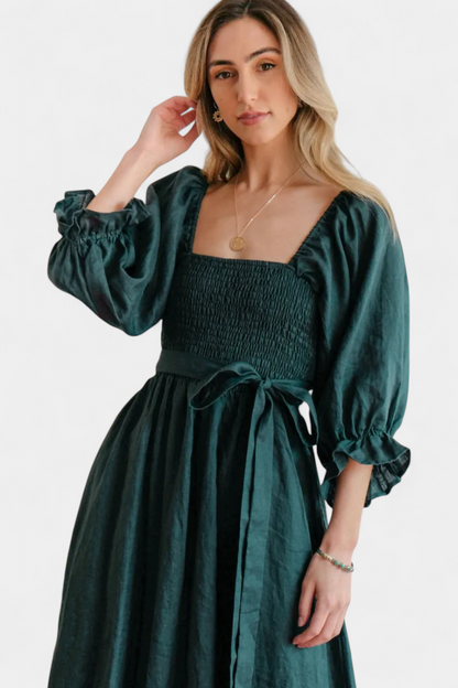 Momount Vestido Midi de Verão Mulher – Trapézio com Recortes Mangas Bufantes Fluido para a Praia