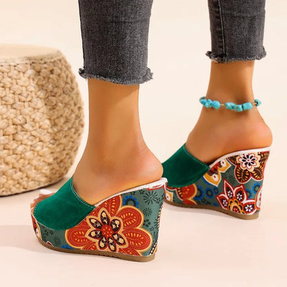 Momount Sandálias de Cunha Mulher – Camurça Estampada Floral Plataforma Slide Boho
