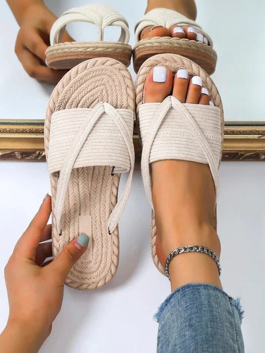 Momount Sandálias Alpargata Mulher – Juta Tecida Argola no Dedo Slide Rasa