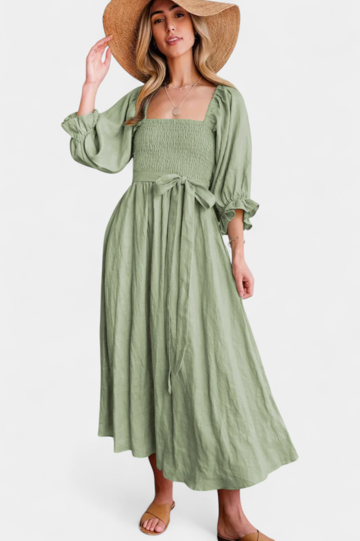 Momount Vestido Midi de Verão Mulher – Trapézio com Recortes Mangas Bufantes Fluido para a Praia