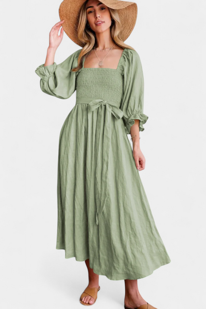 Momount Vestido Midi de Verão Mulher – Trapézio com Recortes Mangas Bufantes Fluido para a Praia