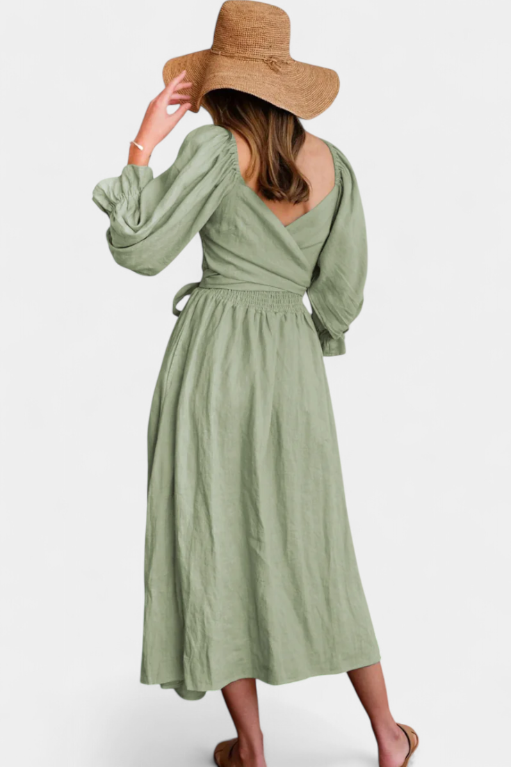 Momount Vestido Midi de Verão Mulher – Trapézio com Recortes Mangas Bufantes Fluido para a Praia