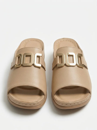 Bellarisa | Gold Chain Buckle Flat Slide Sandals - Beige - front