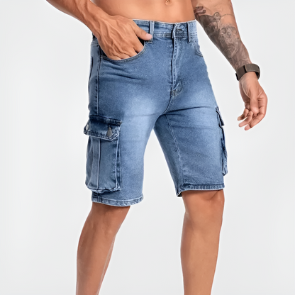 Momount Calções Cargo em Denim de Homem – com Stretch Comprimento ao Joelho com Bolso de Aba
