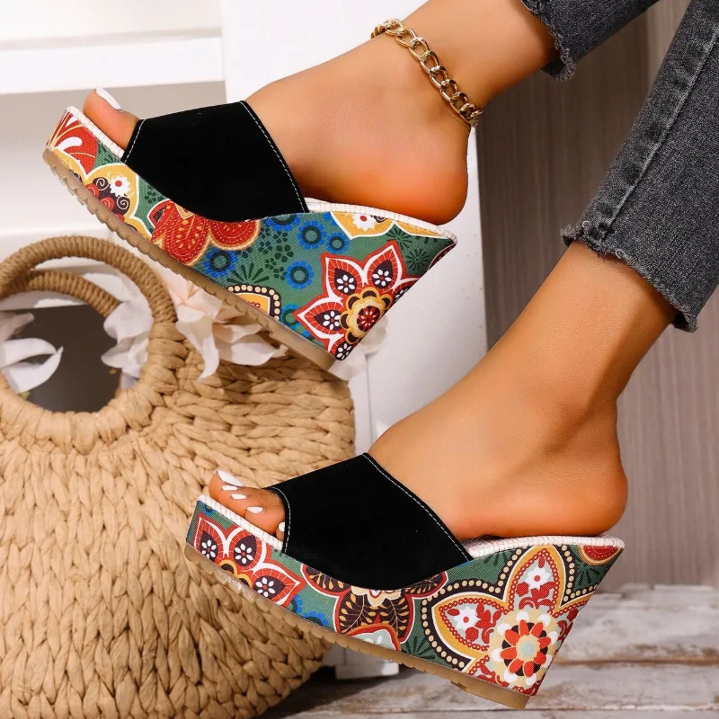 Momount Sandálias de Cunha Mulher – Camurça Estampada Floral Plataforma Slide Boho