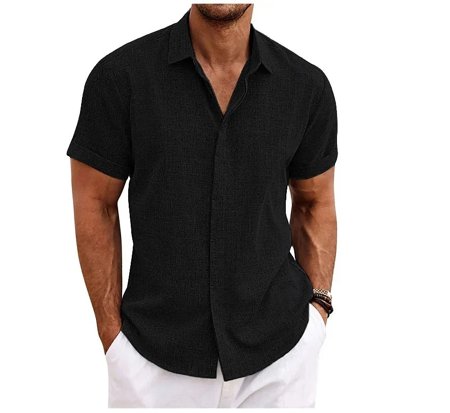 Momount Camisa em Algodão e Linho de Homem – Manga Curta com Botões Casual