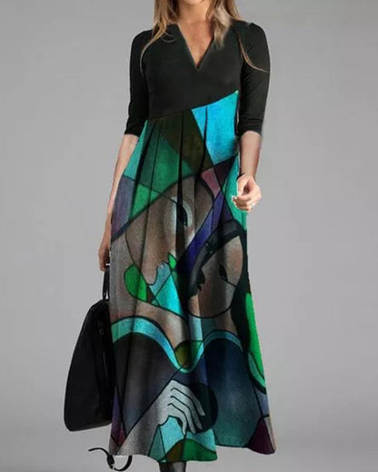 Cassellia | Vestido Maxi Linha A Decote em V com Estampado Abstracto | Verão Momount