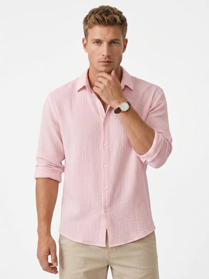 Momount Men Waffle Linen Shirt – Long Sleeve Button Up Textured Casual - Pink - front