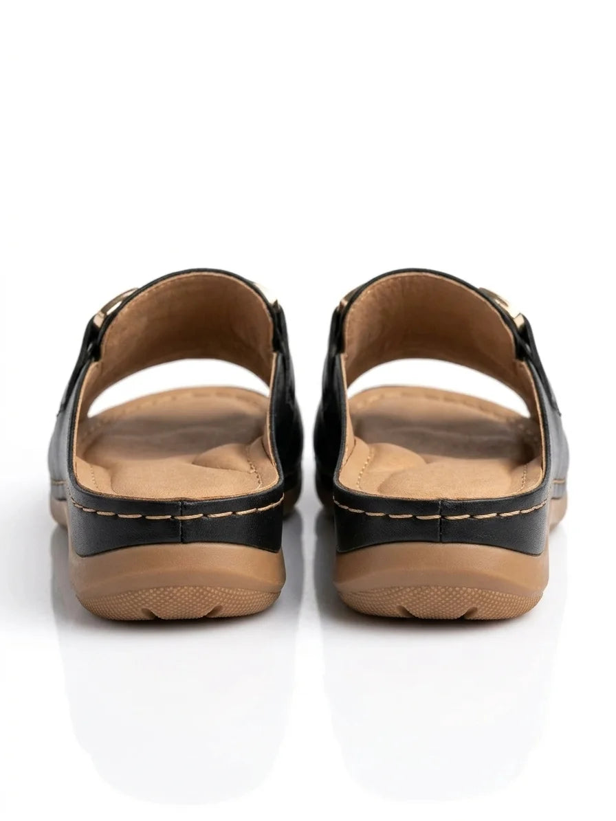 Bellarisa | Gold Chain Buckle Flat Slide Sandals - Black - back
