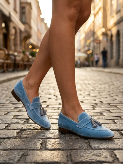 Women's Tassel Loafers – Slip-On Flat Closed Toe - Blue - lifestyle_street
