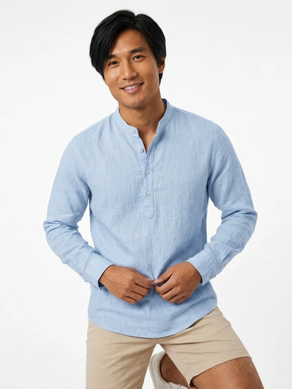 Momount Men Linen Henley Shirt – Long Sleeve Band Collar Breathable Casual - Light Blue - front