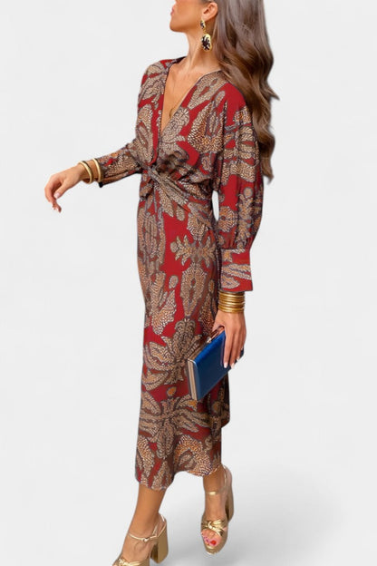 Momount Vestido Midi Justo Mulher – Manga Comprida Torcido Elegante