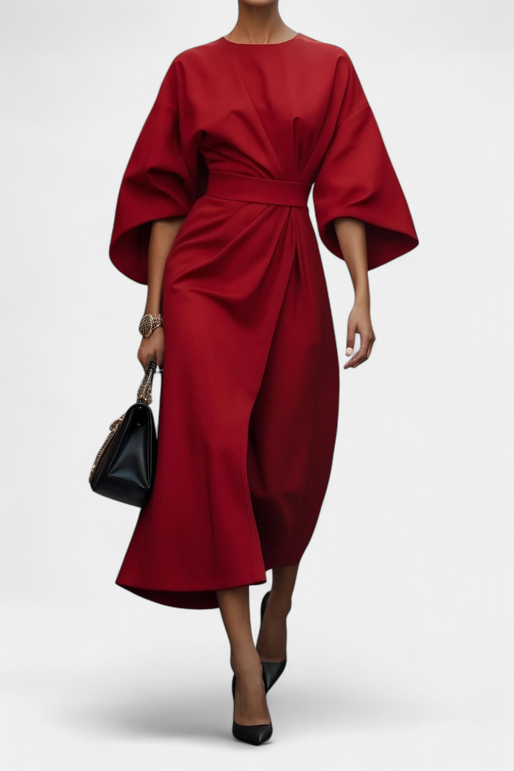 Momount Vestido Midi de Trabalho de Mulher – com Cinto Corte Solto Manga Larga Elegante de Escritório