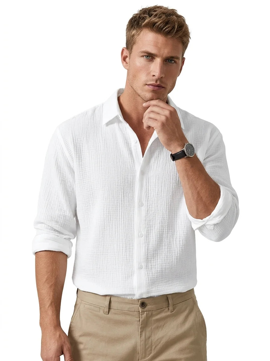 Momount Men Waffle Linen Shirt – Long Sleeve Button Up Textured Casual - White - front