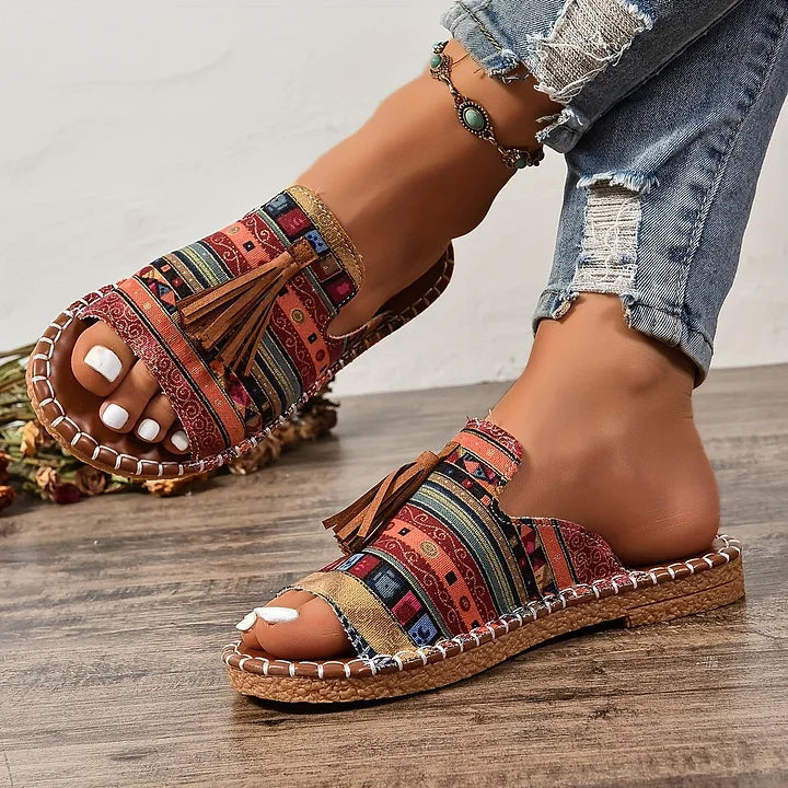 Momount Sandálias Rasas de Mulher Conforto Slip-On Casual de Verão Apoio Almofadado Leve Bico Aberto Boho com Borlas