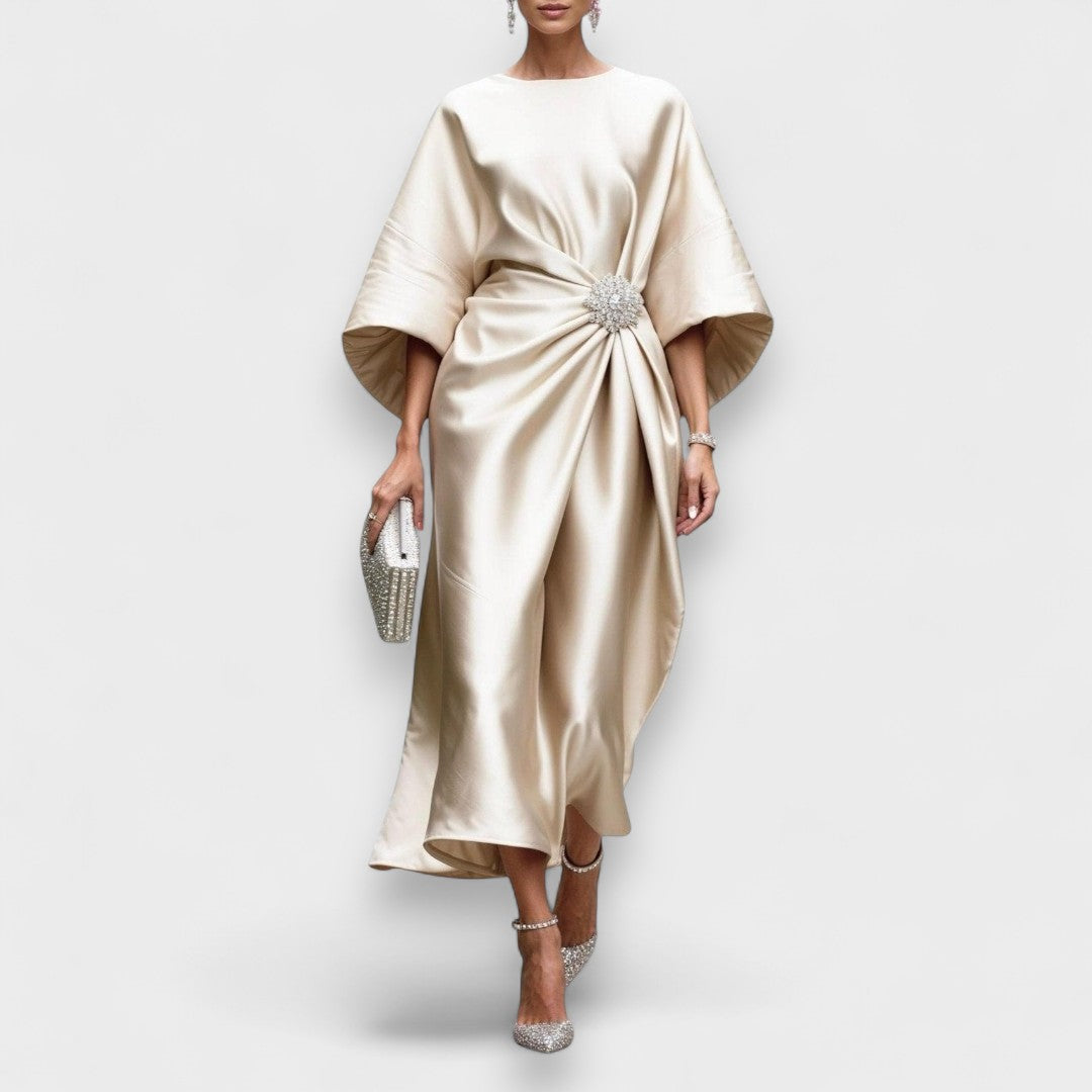 Momount Vestido Midi Mulher – Cetim Drapeado Elegante com Mangas Morcego