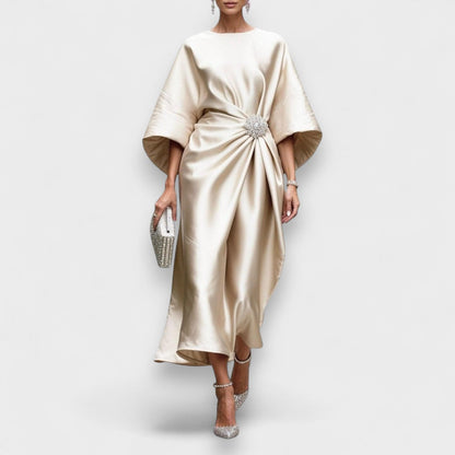 Momount Vestido Midi Mulher – Cetim Drapeado Elegante com Mangas Morcego