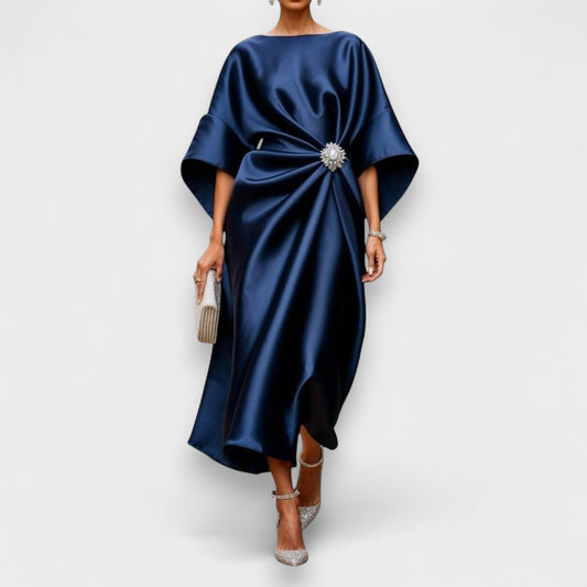Momount Vestido Midi Mulher – Cetim Drapeado Elegante com Mangas Morcego