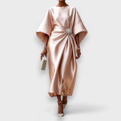 Momount Vestido Midi Mulher – Cetim Drapeado Elegante com Mangas Morcego