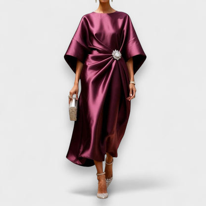 Momount Vestido Midi Mulher – Cetim Drapeado Elegante com Mangas Morcego