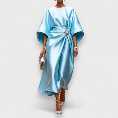 Momount Vestido Midi Mulher – Cetim Drapeado Elegante com Mangas Morcego