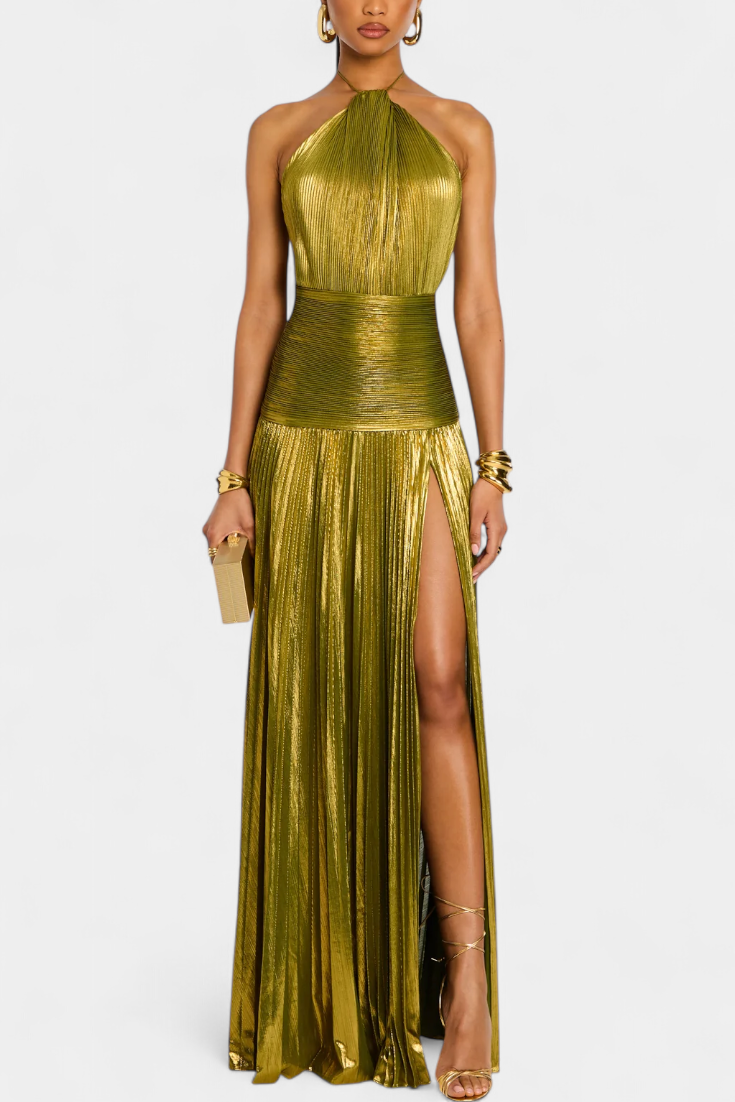 Momount Vestido Maxi de Verão de Mulher – Halter Plissado Metálico Elegante