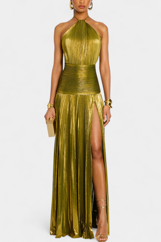 Momount Vestido Maxi de Verão de Mulher – Halter Plissado Metálico Elegante