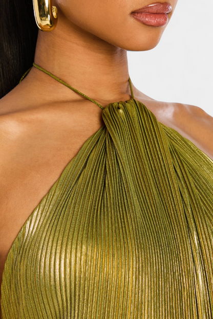 Momount Vestido Maxi de Verão de Mulher – Halter Plissado Metálico Elegante