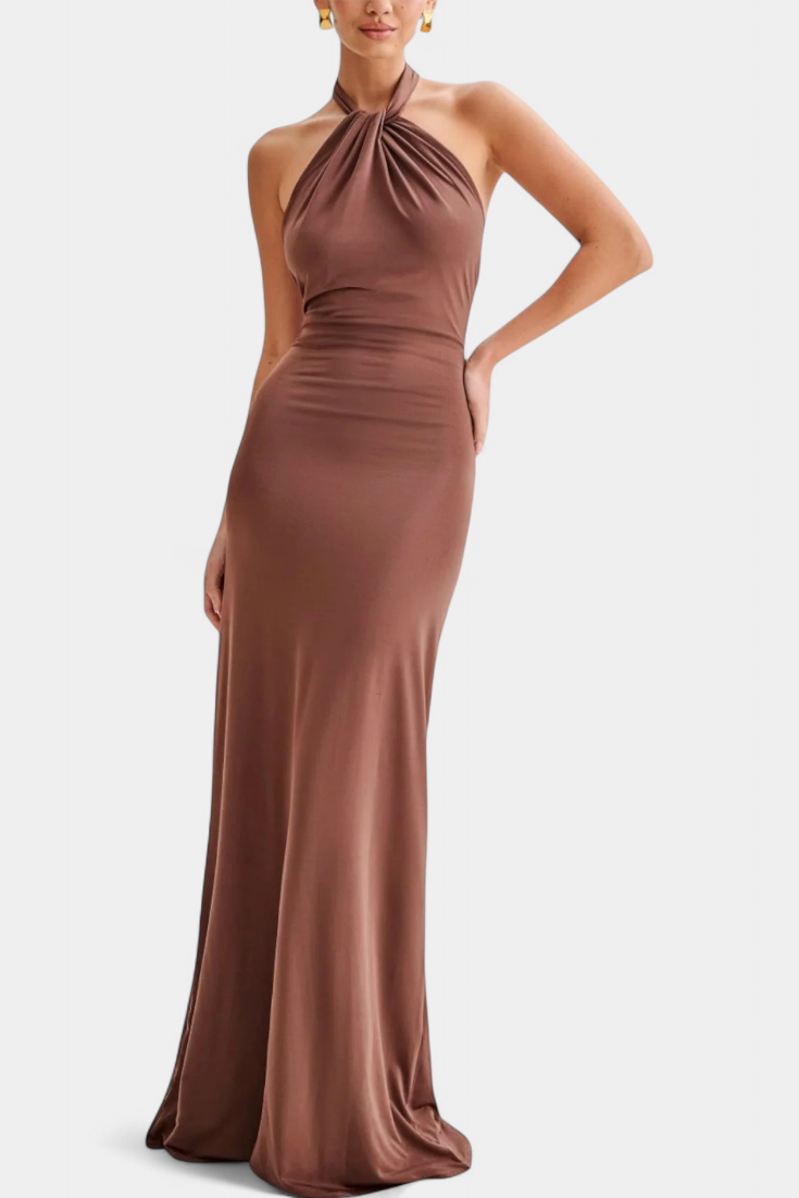Momount Vestido Maxi Justo de Mulher – Decote Halter Sem Mangas Elegante de Noite