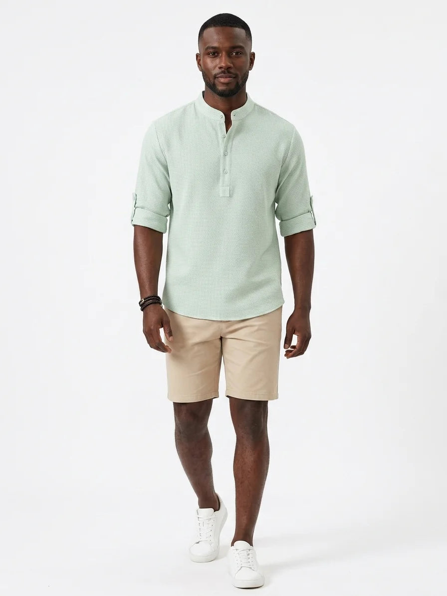 Momount Men Waffle Linen Shirt – Long Sleeve Band Collar Chest Pocket - Light Green - front