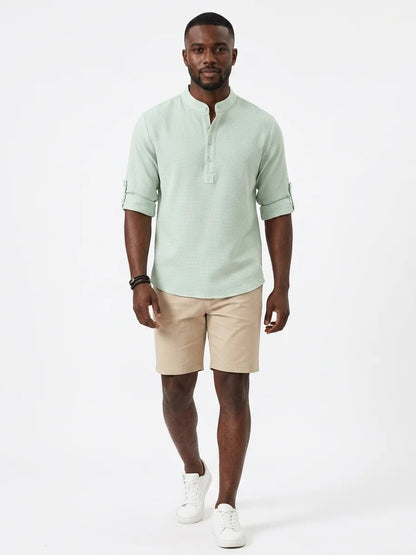 Momount Men Waffle Linen Shirt – Long Sleeve Band Collar Chest Pocket - Light Green - front