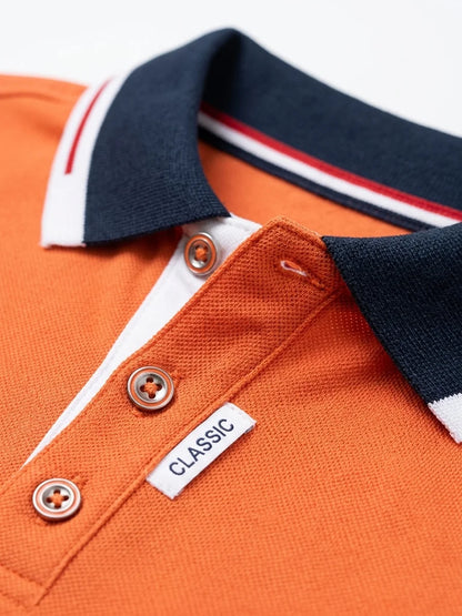 Momount Men Polo Shirt – Contrast Collar Striped Cuff Short Sleeve - Orange - detail