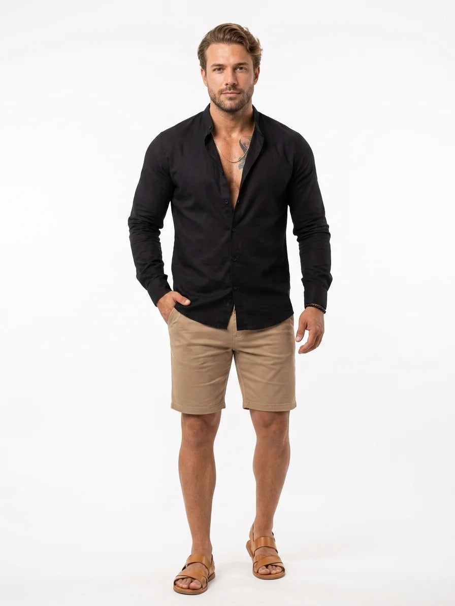 Momount Men Linen Shirt – Long Sleeve Slim Fit Point Collar Classic - Black - front