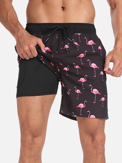 Momount Calções de Banho Homem – Estampado de Flamingos Cordão Praia Verão