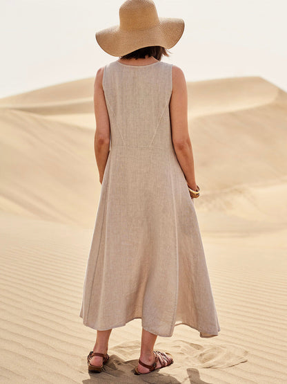 Melisande | Vestido Maxi em Linho Decote Redondo Largo
