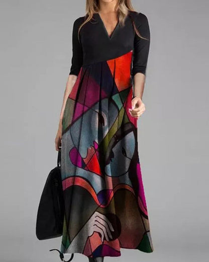 Cassellia | Vestido Maxi Linha A Decote em V com Estampado Abstracto | Verão Momount
