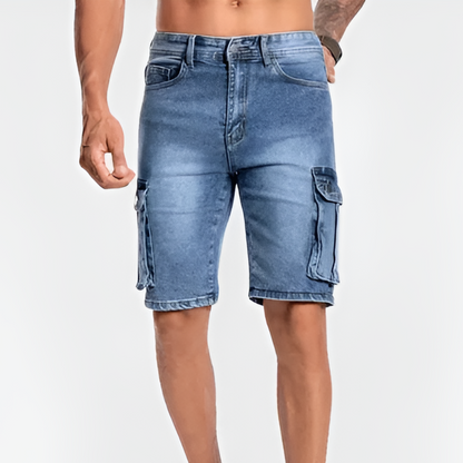 Momount Calções Cargo em Denim de Homem – com Stretch Comprimento ao Joelho com Bolso de Aba