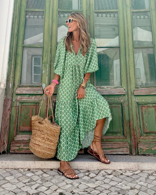 Bellanova | Vestido Maxi Boho Estampado Decote em V com Folhos de Verão
