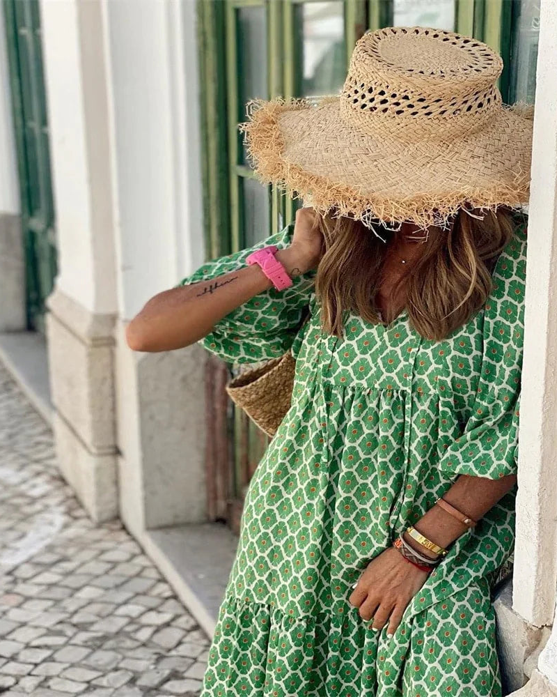 Bellanova | Vestido Maxi Boho Estampado Decote em V com Folhos de Verão
