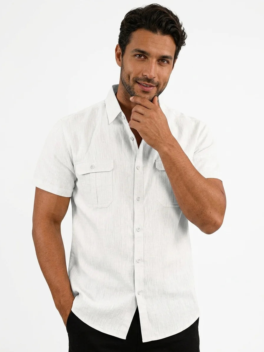 Momount Men Linen Shirt – Short Sleeve Double Chest Pocket Utility Casual - White - front