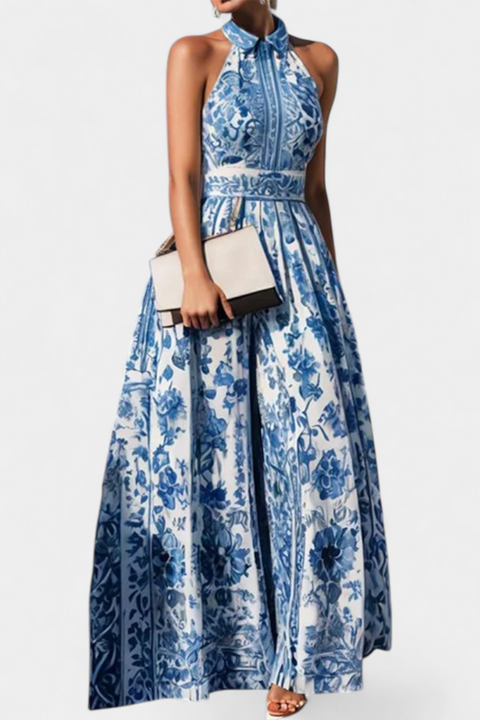 Momount Vestido Maxi Floral Mulher – Decote Halter Sem Mangas Elegante