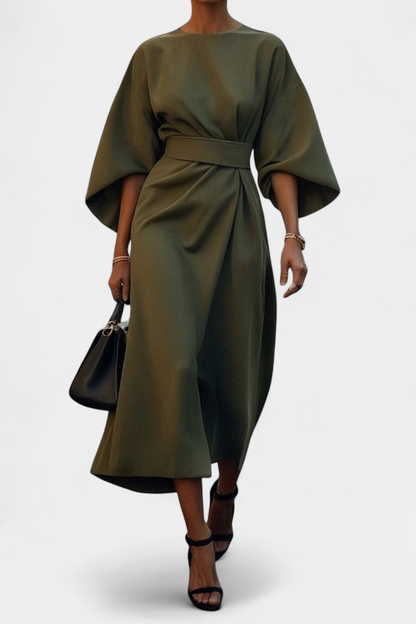 Momount Vestido Midi de Trabalho de Mulher – com Cinto Corte Solto Manga Larga Elegante de Escritório