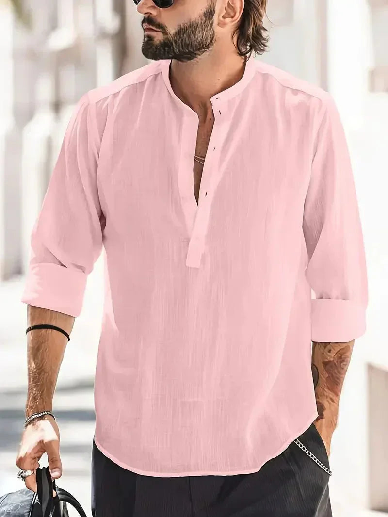 Momount Camisa Henley em Linho de Homem – Manga Comprida com Gola em Pé de Verão