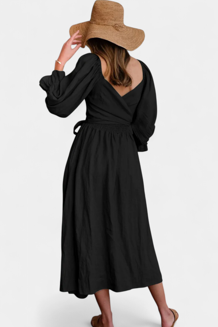 Momount Vestido Midi de Verão Mulher – Trapézio com Recortes Mangas Bufantes Fluido para a Praia